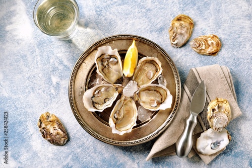 Fresh ocean oysters with slices of lemon on ice. 
