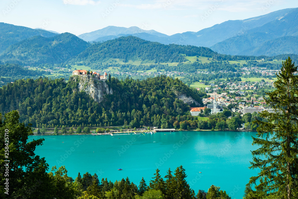 view of famous castle on a cliff above the Bled Lake in Julian alps, Slovenia