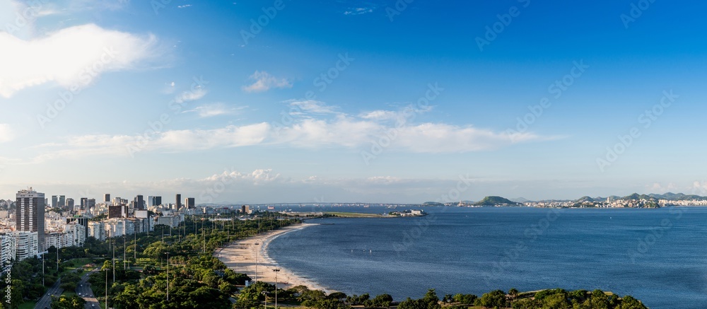 High-resolution panorama of Aterro do Flamengo, Santos Dumont Airport, Ponte Rio-Niteroi, Financial District and Guanabara Bay, Rio de Janeiro, Brazil