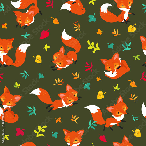 Seamless Pattern Red Foxes and Falling Leaves on a Dark Background. Texture Wild Animals in Autumn Forest. Vector Illustration