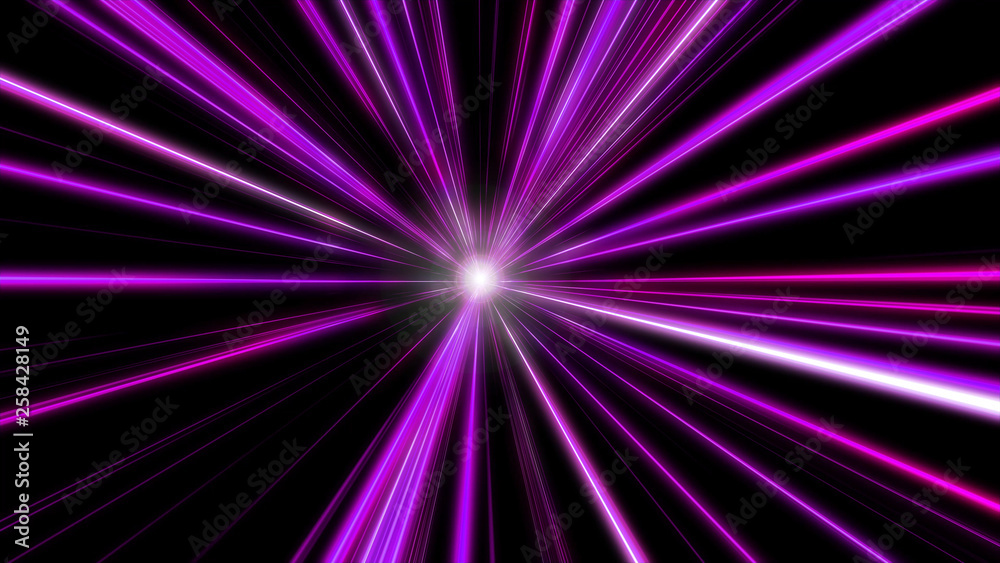 Fototapeta premium Entering purple space warp. Abstract background with fast flying light streaks. Speed line & stripes flying into glowing tunnel. 