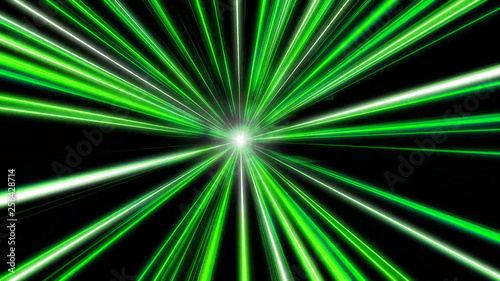 Entering green space warp. Abstract background with fast flying light streaks. Speed line & stripes flying into glowing tunnel. 