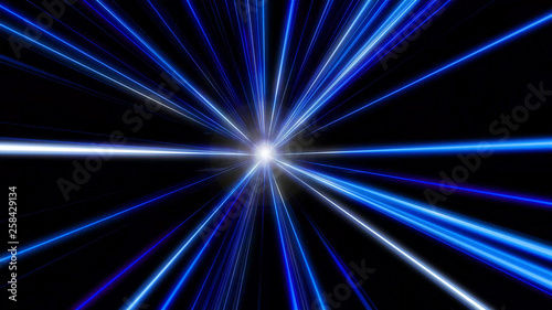Entering blue space warp. Abstract background with fast flying light streaks. Speed line & stripes flying into glowing tunnel. 