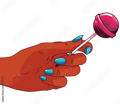 hand with lollipop sweet pop art style
