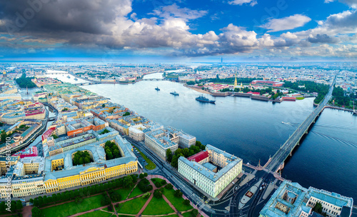 Panorama of St. Petersburg. City from a height. Center of Petersburg. Cities of Russia. Summer day. The prospect of the river Neva. Streets of Petersburg.
