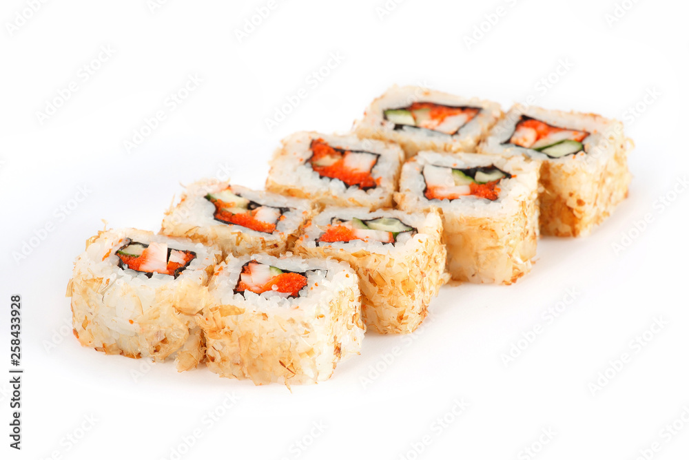 Sushi Roll - Maki Sushi with Salmon Roe, Smoked Eel, Cucumber, Cream Cheese in Chips Tuna isolated on white background Sushi Roll - Maki Sushi with Salmon Roe, Smoked Eel, Cucumber, Cream Cheese in Chips Tuna isolated on white background
