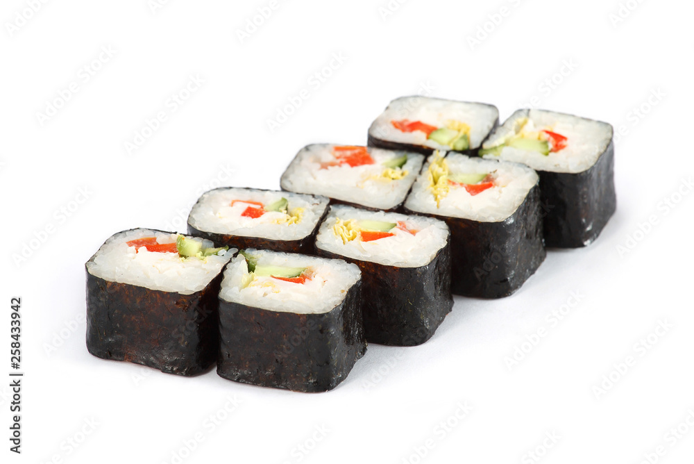 Sushi Roll - Maki Sushi Vegetarian with Cucumber, Red Pepper, Cabbage and Cream Cheese isolated on white background Sushi Roll - Maki Sushi Vegetarian with Cucumber, Red Pepper, Cabbage and Cream Cheese isolated on white background