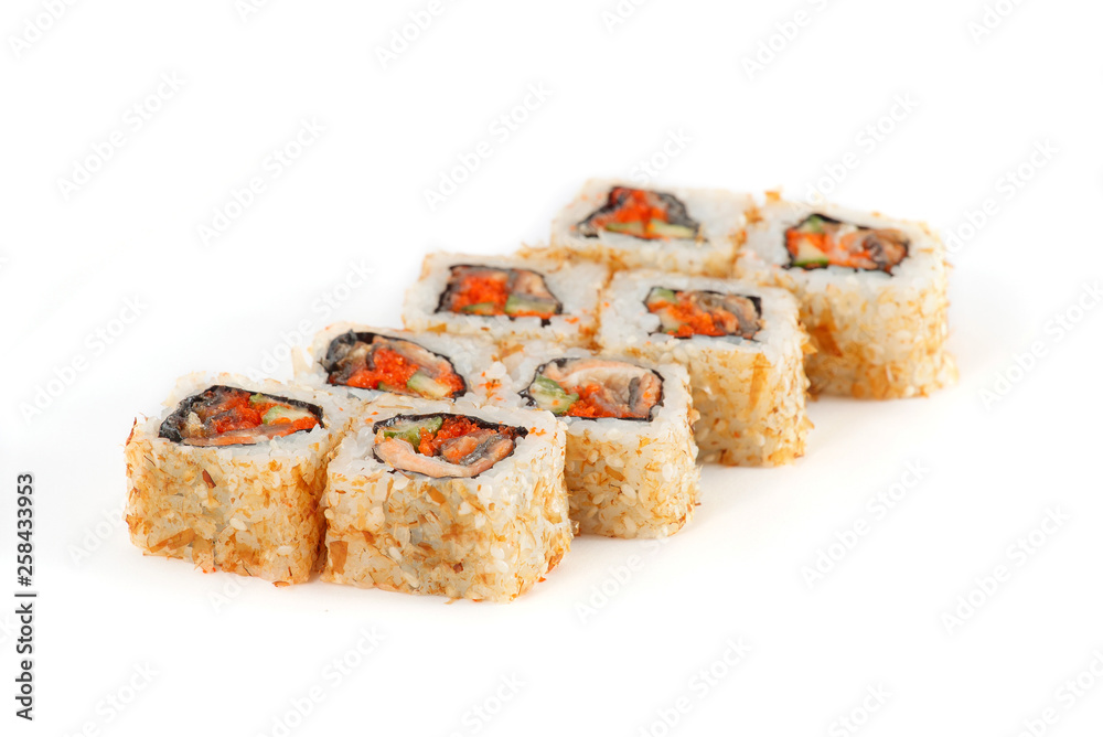 Sushi Roll - Maki Sushi with Salmon Roe, Smoked Eel, Cucumber, Cream Cheese and Deep Fried Vegetables in Chips Tuna and Sesame isolated on white background Sushi Roll - Maki Sushi with Salmon Roe, Smoked Eel, Cucumber, Cream Cheese and Deep Fried Vegetables in Chips Tuna and Sesame isolated on white background