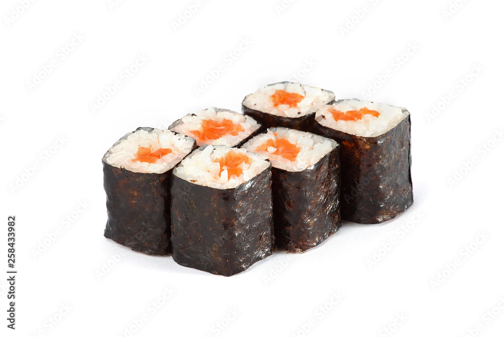 Sushi Roll - Maki Sushi with Smoked Eel, Salmon and Spice Sauce isolated on white background Sushi Roll - Maki Sushi with Smoked Eel, Salmon and Spice Sauce isolated on white background
