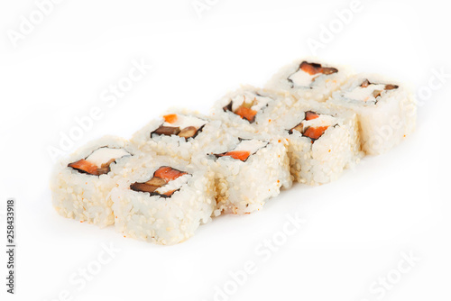 Sushi Roll - Maki Sushi with Smoked Eel, Salmon, Sesame, Avocado and Cream Cheese isolated on white background