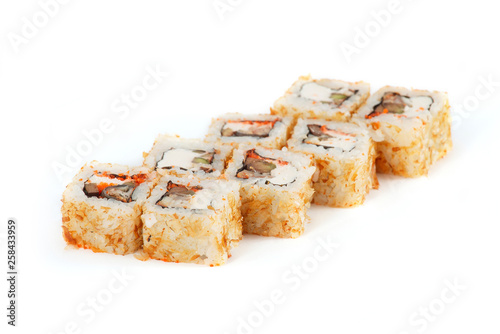 Sushi Roll - Maki Sushi with Salmon Roe, Smoked Eel, Cucumber, Cream Cheese and Deep Fried Vegetables in Chips Tuna and Sesame isolated on white background