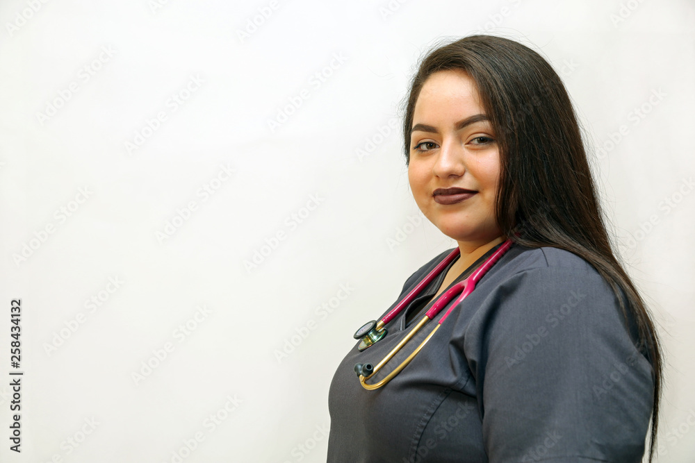 Female healthcare professional, woman nurse on white background with copy space Female healthcare professional, woman nurse on white background with copy space