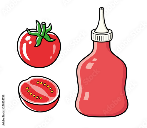 Red tomato with half and plastic ketchup bottle isolated
