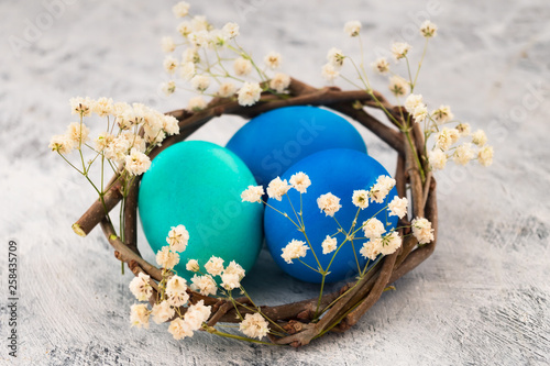 Painted chicken eggs in a nest for Easter. White spring flowers on a light background.