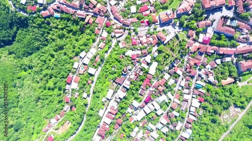 One the most famous place in Georgia - top view from Jvari monastery to Aragvi and Mtikvari riger and ancient capital Mtskheta photo