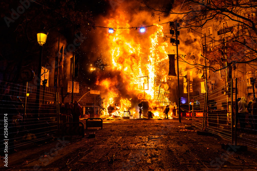 Valencian Falla burning in a street