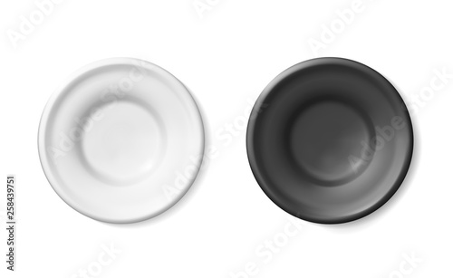 Mockup Black, White blank plates pottery of clay or glaze ceramic. Plastic detailed empty. Simple porcelain, faience bright earthenware. Vector tableware illustration realistic template design.Eps10