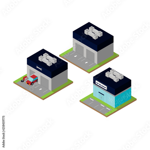 car dealership and car repair shop isometric building set