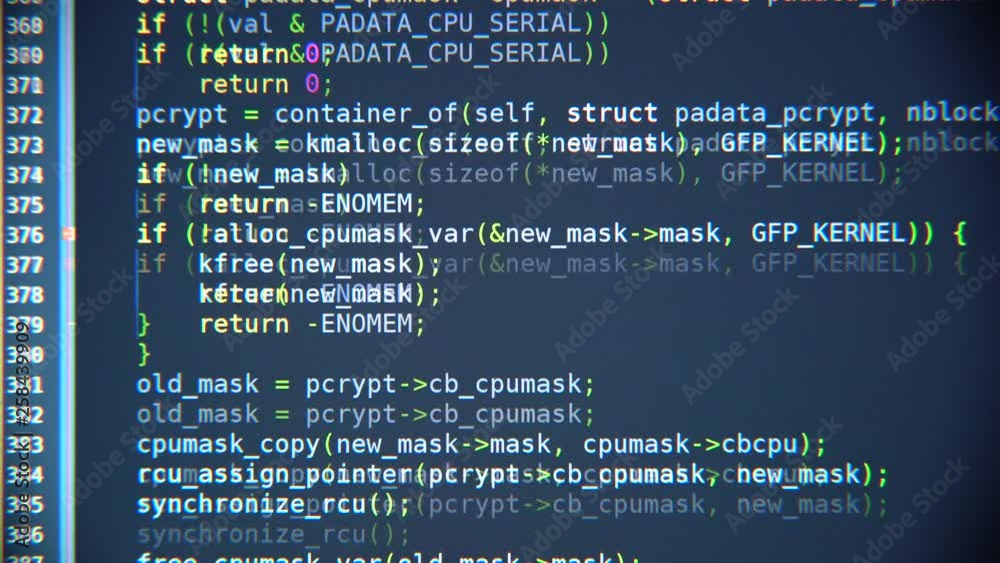 The program code scrolls on the computer screen