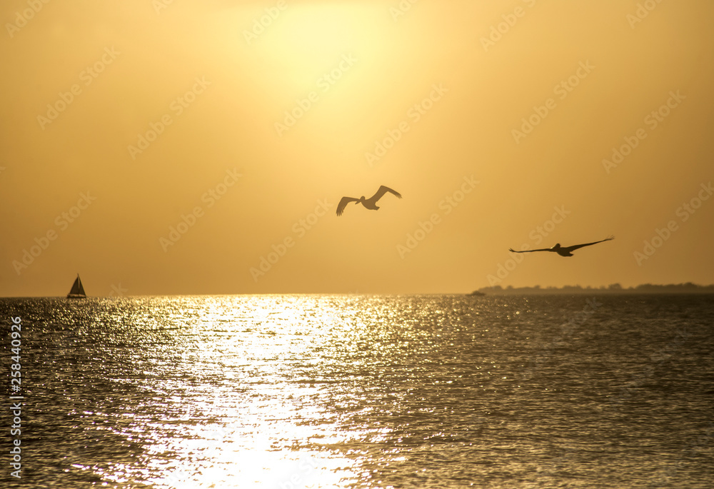 Silhouettes of birds flying over water into a golden sky.