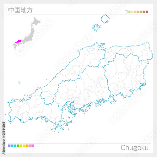 中国地方の地図・Chugoku（白地図風）