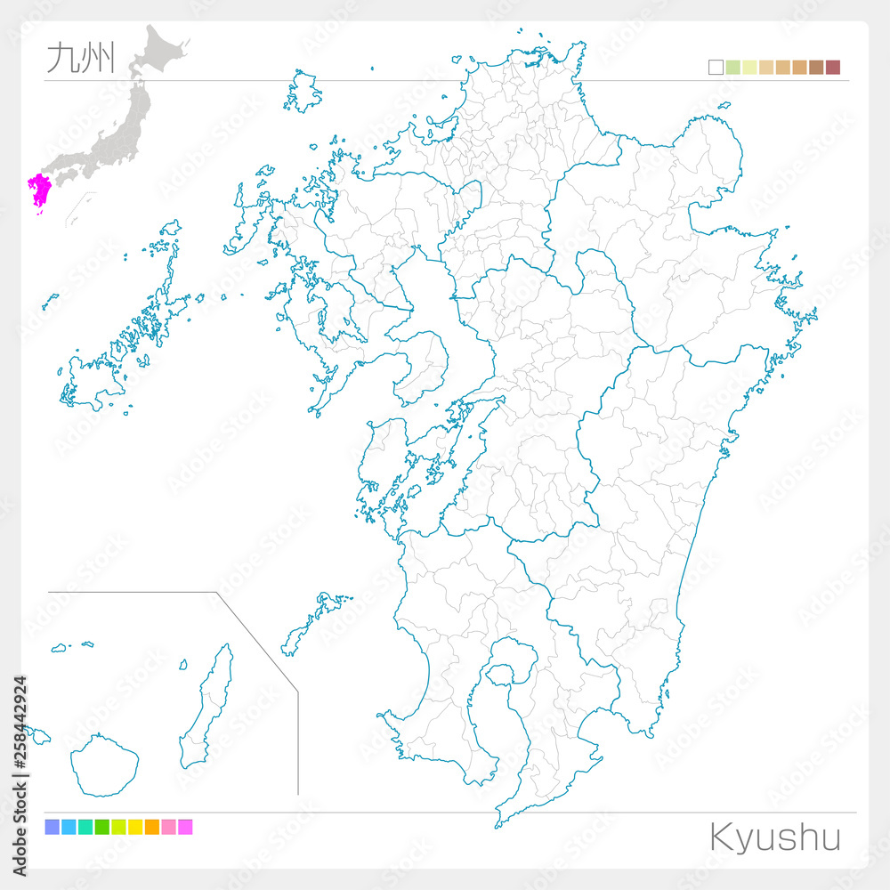 九州地方の地図・Kyushu（白地図風）