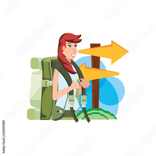 traveler woman with travel bag and wooden arrows signal