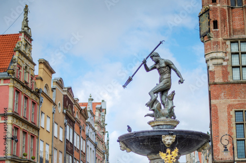 Historic Neptune's Fountain on Long Market in old town Gdansk, Poland