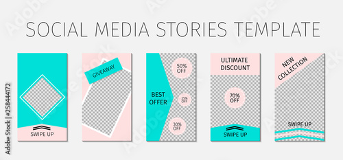 Social media stories template. Set of 5 layout for story for bloggers and SMM. Mint green and pink pastel color palette. Editable web banners for mobile application. © Vera