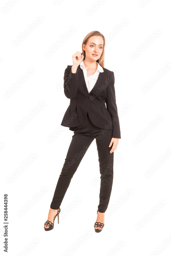 Businesswoman in black suit writing with pen on the screen isolated on white background Businesswoman in black suit writing with pen on the screen isolated on white background