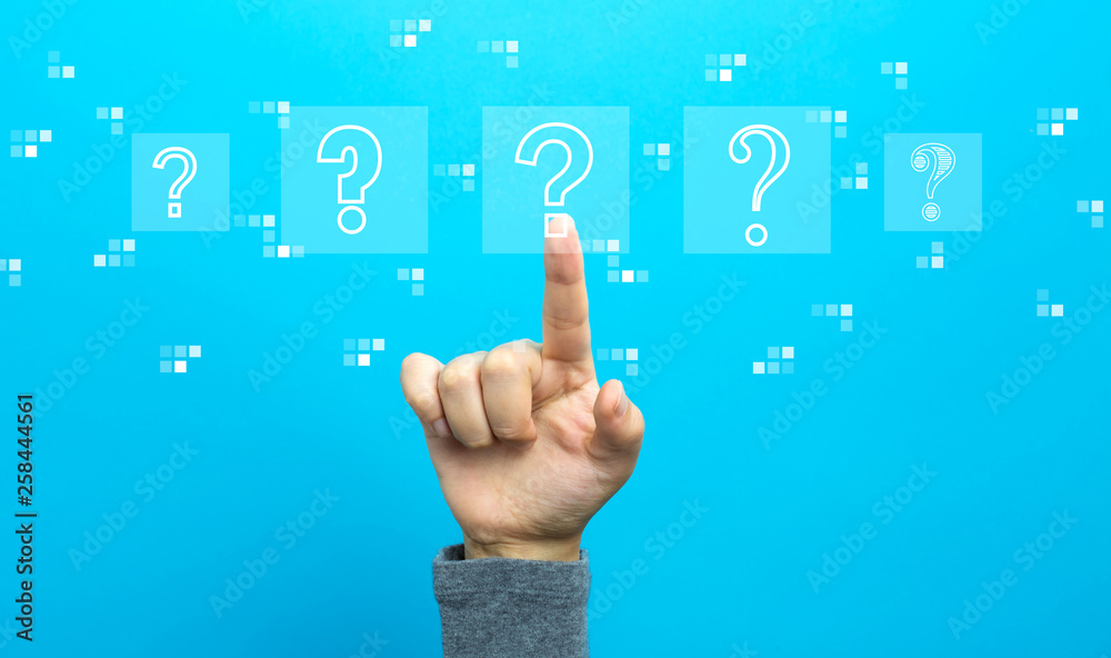 Question marks with hand on a blue background Question marks with hand on a blue background