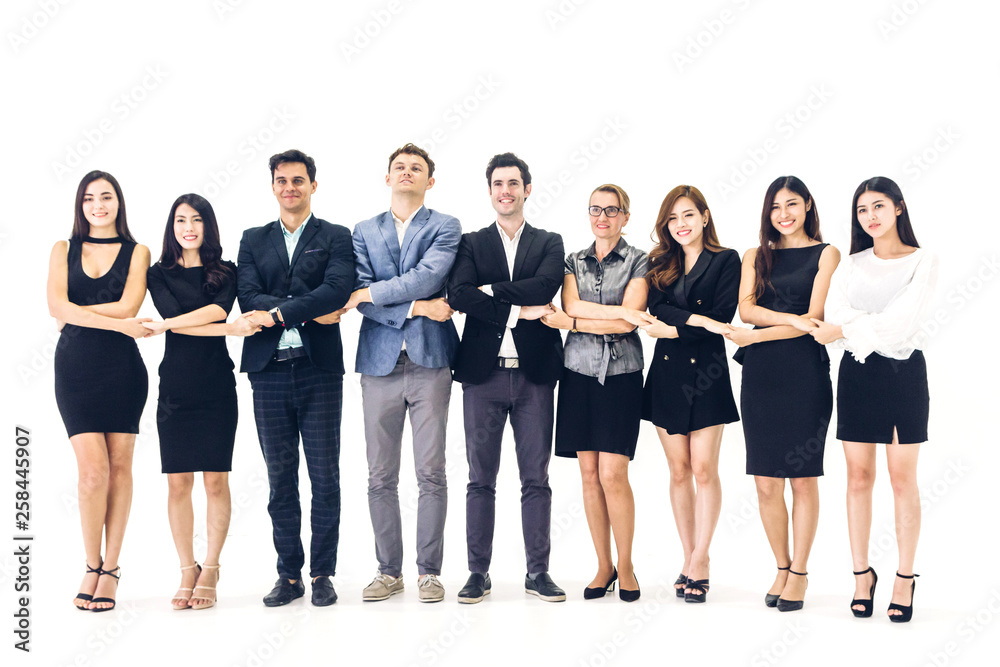 Obraz premium Group of professional casual business people team looking confidently at camera on white background.Teamwork concept
