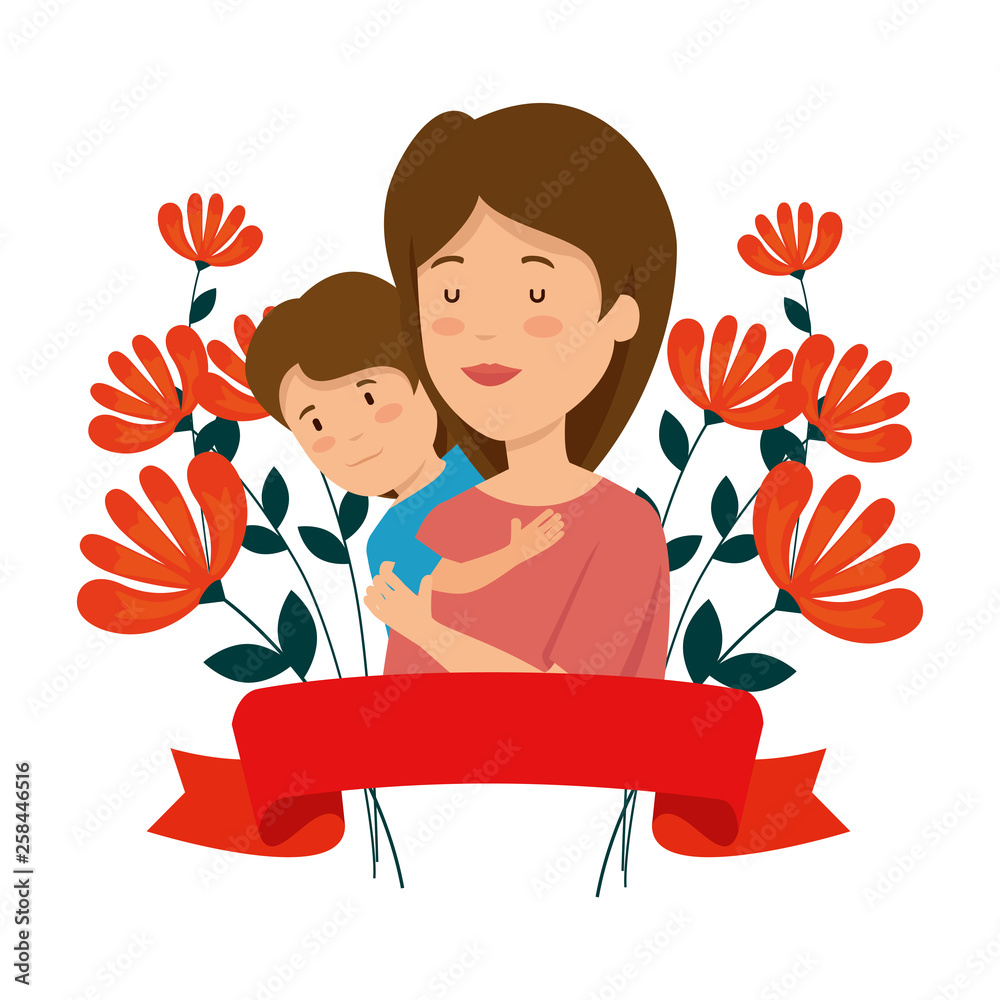 beautiful mother lifting son with floral decoration
