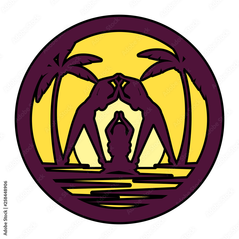 Fototapeta premium silhouettes of women practicing yoga position on the beach