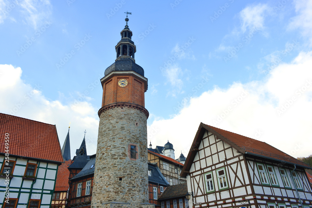 traditonal half-timbered houses in the old town of Stolberg, Germany, Harz Region