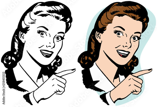 A portrait of an attractive woman pointing to the right. 