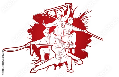 Group of People Kung Fu fighter, Martial arts with weapons action cartoon graphic vector.