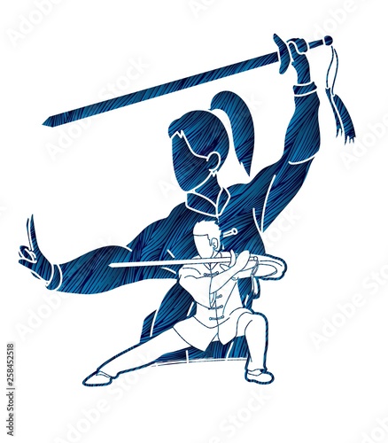 Man and woman Kung Fu fighter, Martial arts with weapons action cartoon graphic vector.