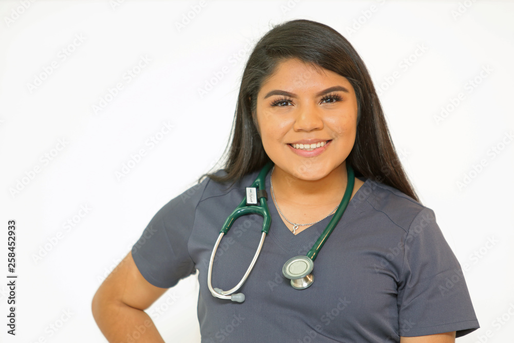 Cute attractive female hispanic healthcare professional on white background Cute attractive female hispanic healthcare professional on white background