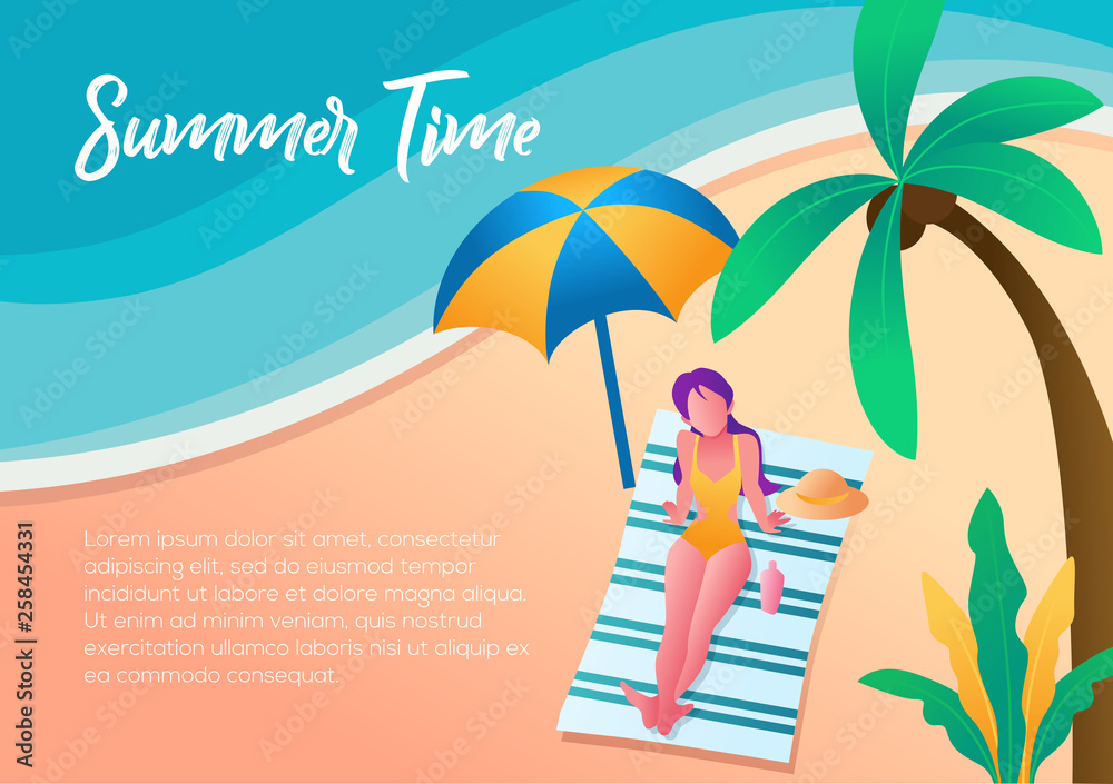 Summer time, banner landing page designs. with flat women and beach design