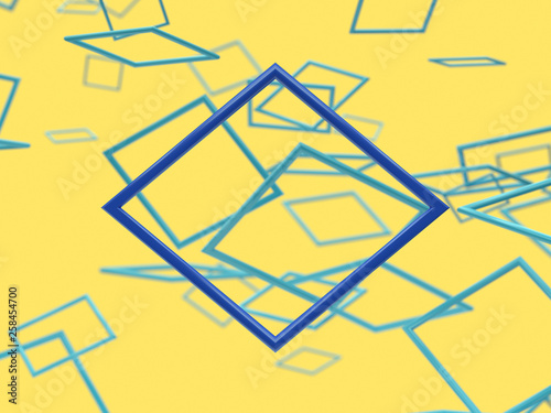 blue geometric shape blank frame and group blur background levitation yellow scene 3d rendering