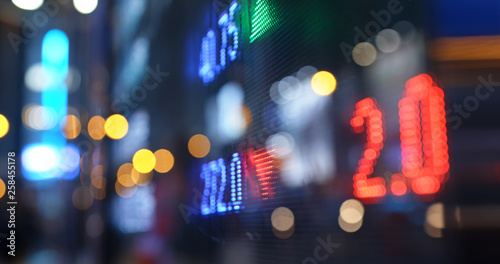 Stock market display screen in city at night