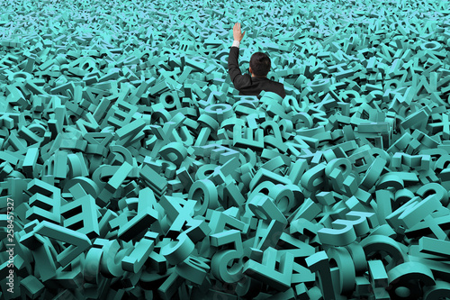 Big data concept, businessman was overwhelmed by huge amount of 3d green letters and numbers background.
