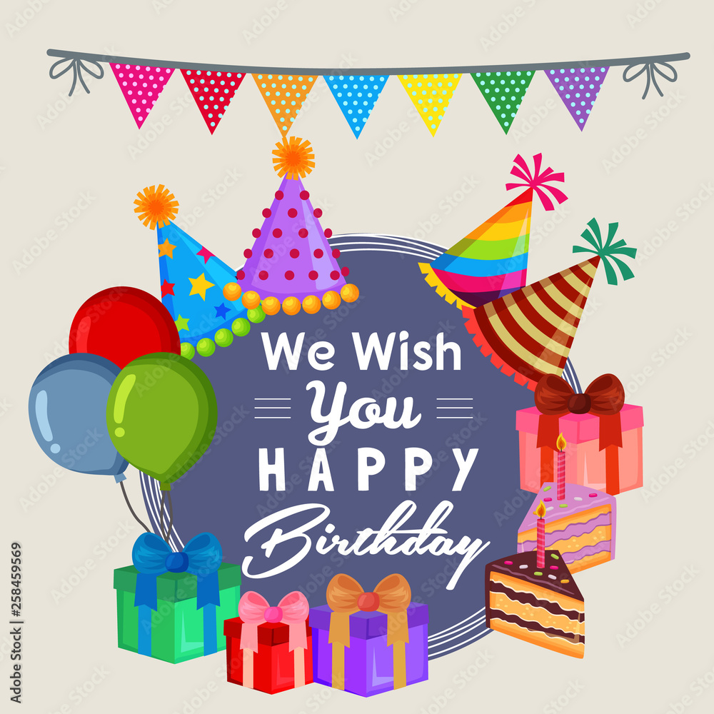 cute wish you happy birthday with party cake flat style