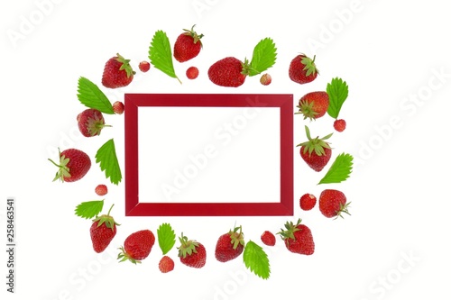 Summer berries.Berry frame. Strawberry and Red rectangular frame isolated on white background.Berry strawberry season.top view, copy space