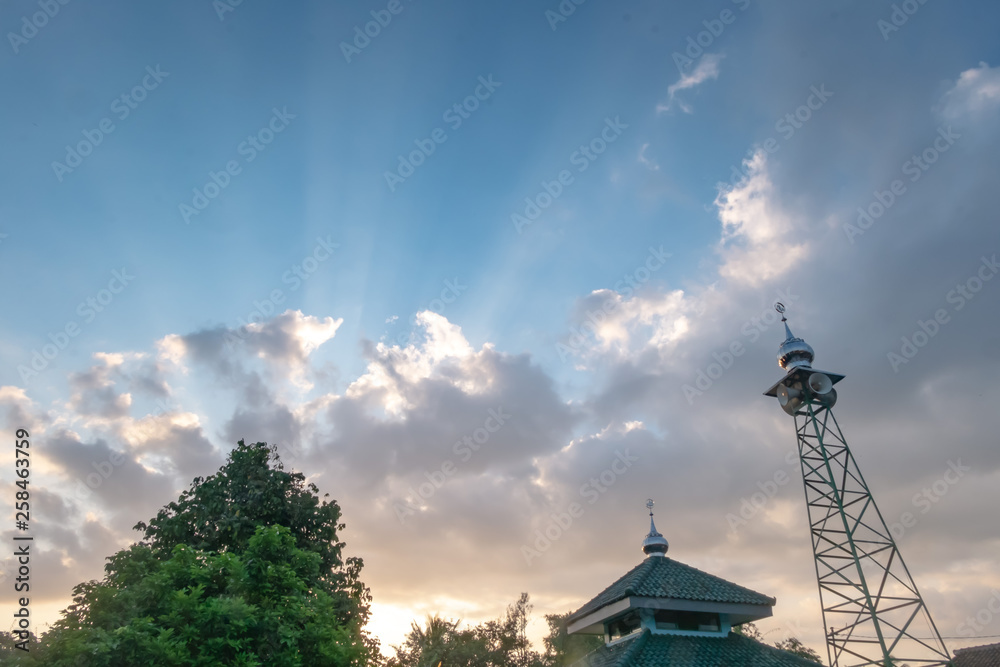 rooftop view with loudspeaker tower on sunset time rooftop view with loudspeaker tower on sunset time