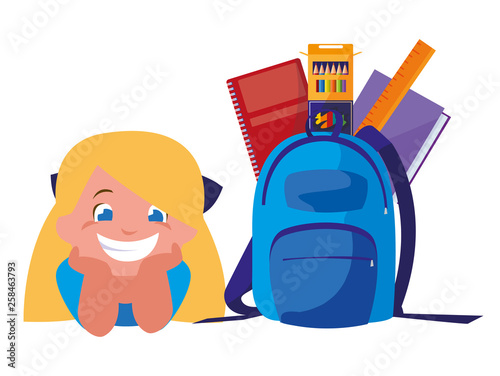 happy little schoolgirl with schoolbag and supplies