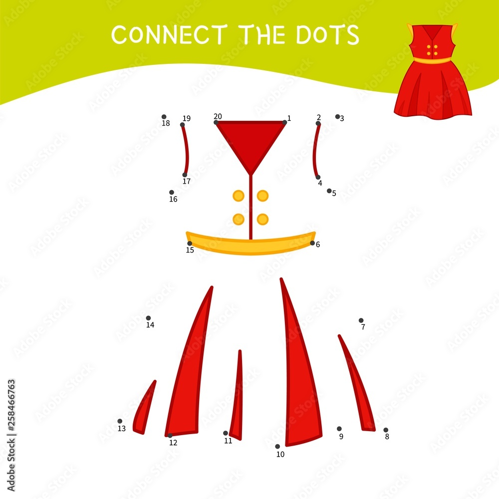 Educational game for kids. Dot to dot game for children. Cartoon dress. Educational game for kids. Dot to dot game for children. Cartoon dress.