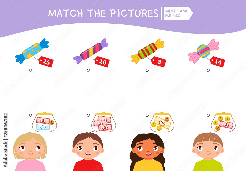 Matching children educational game. Count the money in the children's wallets and find a purchase. Vector illustration of cute children.