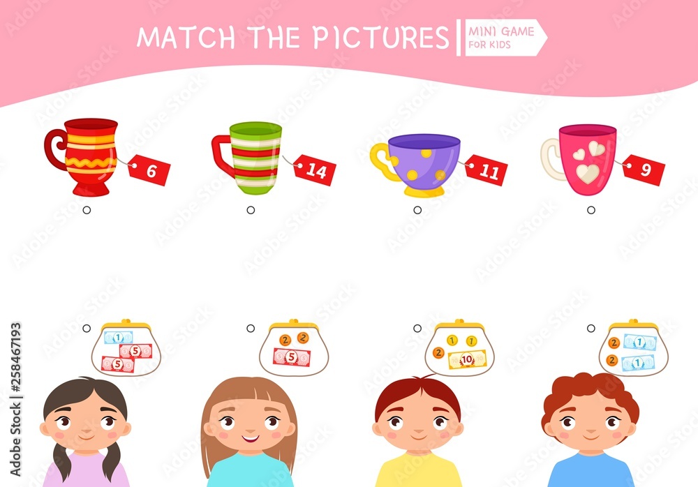 Matching children educational game. Count the money in the children's wallets and find a purchase. Vector illustration of cute children.